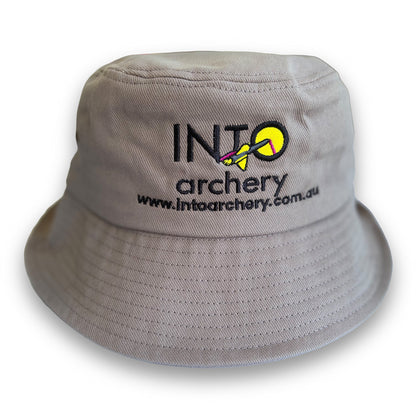 Photo of grey INTO Archery bucket hat on a white background.