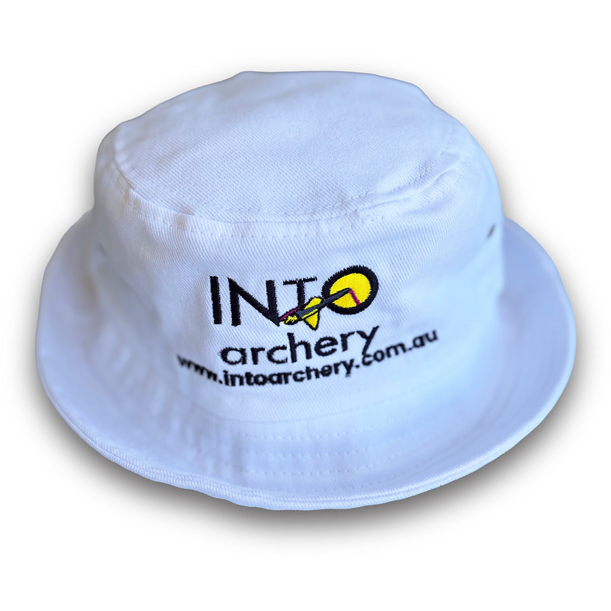 Photo of white INTO Archery bucket hat on a white background.