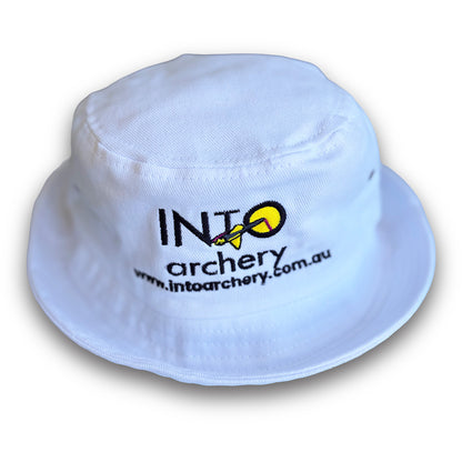 Photo of white INTO Archery bucket hat on a white background.
