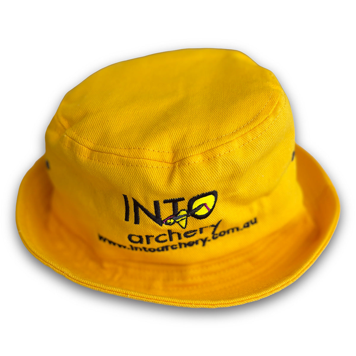 Photo of yellow INTO Archery bucket hat on a white background.