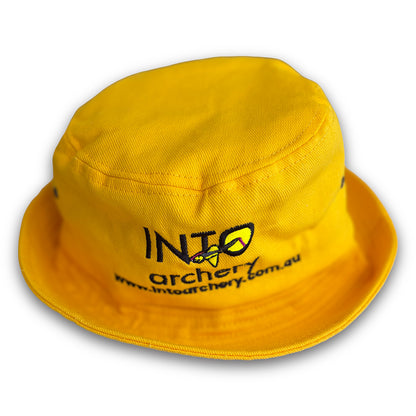 Photo of yellow INTO Archery bucket hat on a white background.