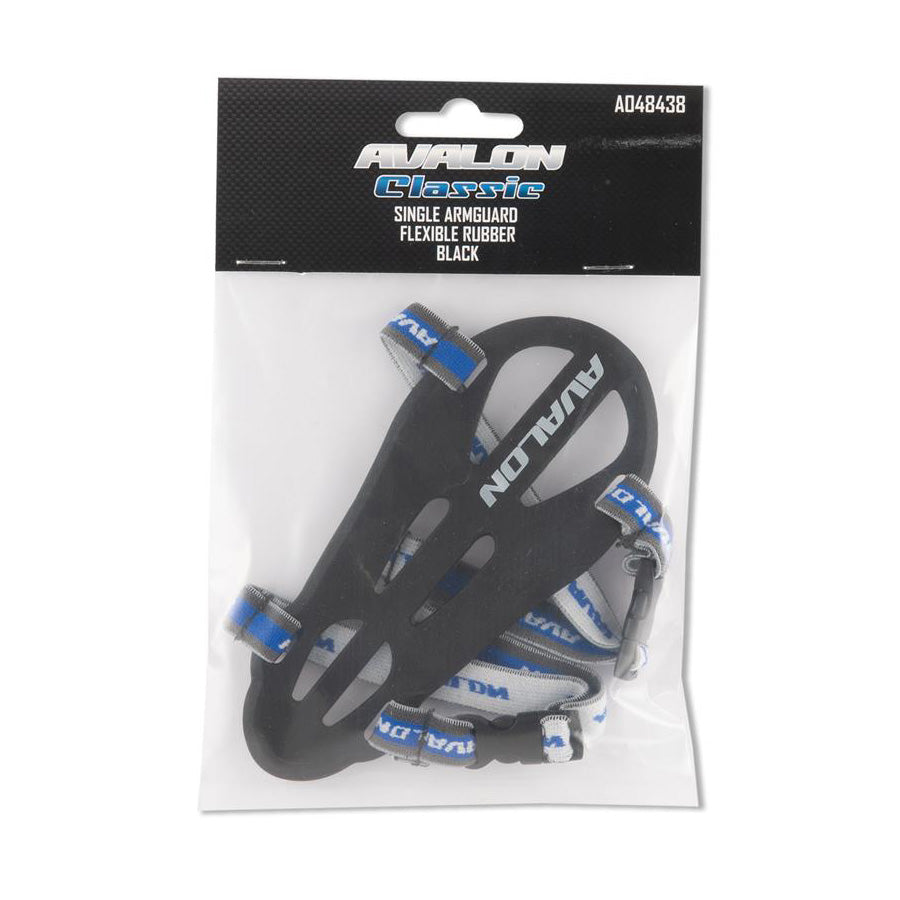 Photo of Avalon Classic flexible rubber armguard in black in a packet 
on a white background.