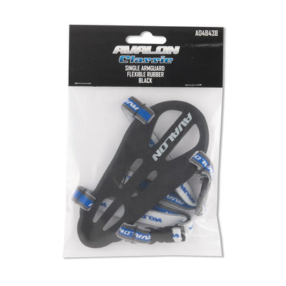 Photo of Avalon Classic flexible rubber armguard in black in a packet 
on a white background.