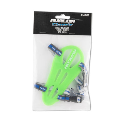 Photo of Avalon Classic flexible rubber armguard in acid green in a packet on a white background.