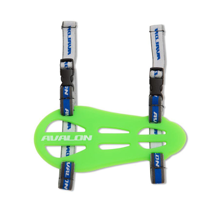 Photo of Avalon Classic flexible rubber armguard in acid green on a white background.