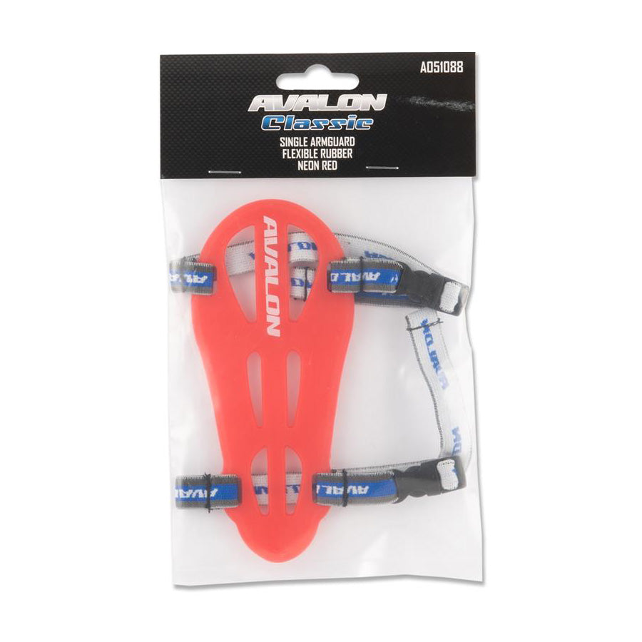 Photo of Avalon Classic flexible rubber armguard in neon red in a packet on a white background.