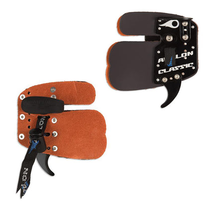 Photo of front and back of Avalon classic recurve tab in the colour black.