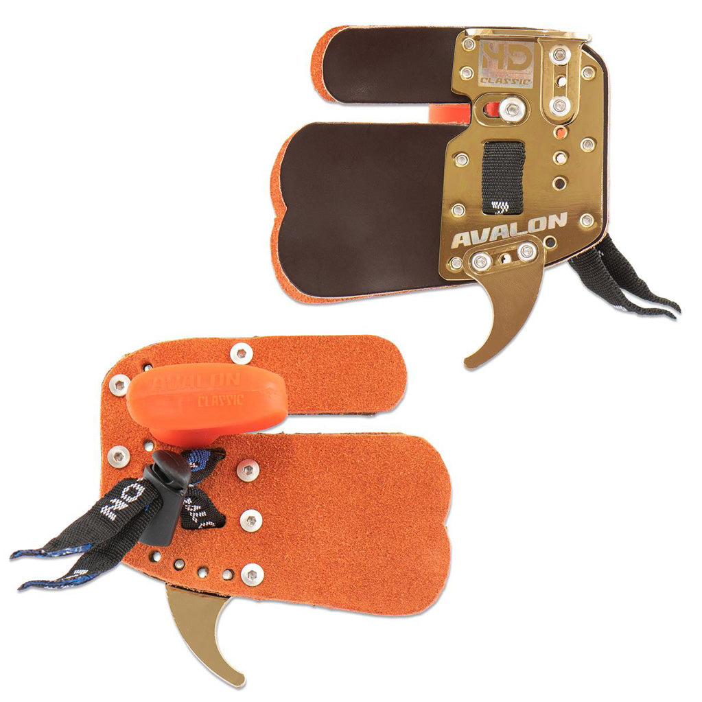 Photo of brass and leather Avalon classic recurve finger tab for archery.  