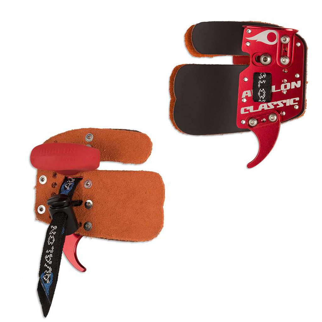 Photo of front and back of Avalon classic recurve tab in the colour red.