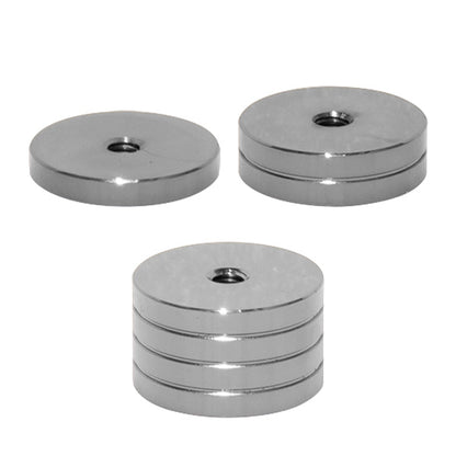 Photo of three different sizes of Avalon Disc Weights in stainless steel.  Shown on a white background.