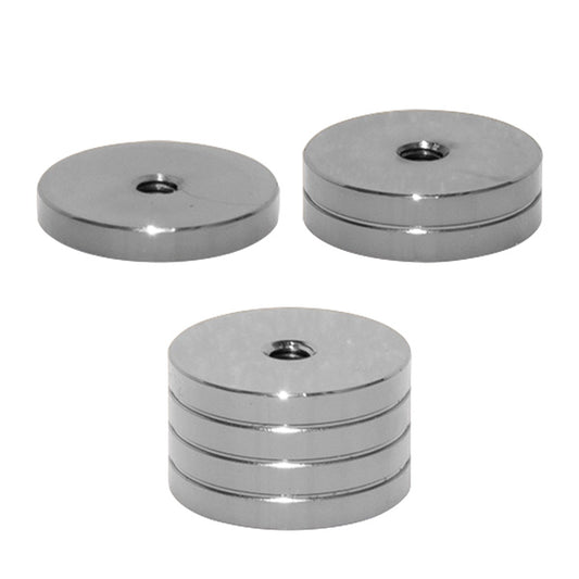 Photo of three different sizes of Avalon Disc Weights in stainless steel.  Shown on a white background.