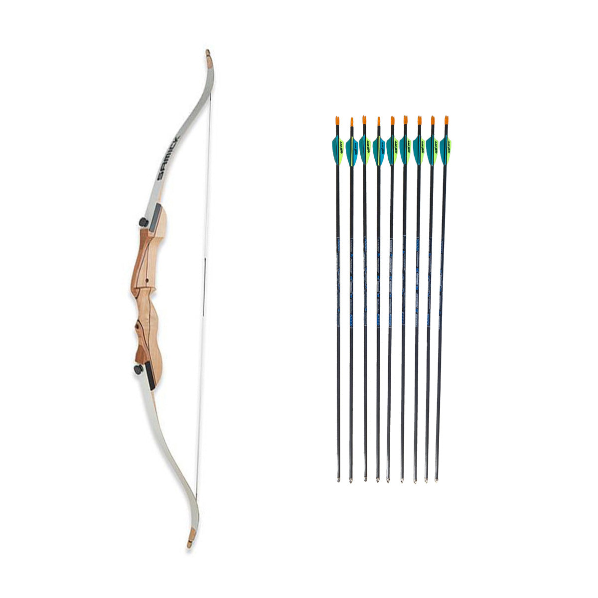 Photo of components of the INTO Archery basic children's set.  Includes a bow and complete arrows.
