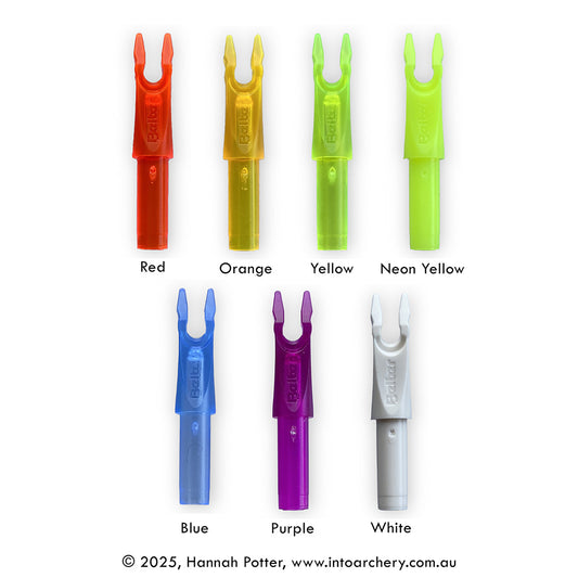 Photo of seven Beiter Insert nocks in the colours stocked at INTO Archery.