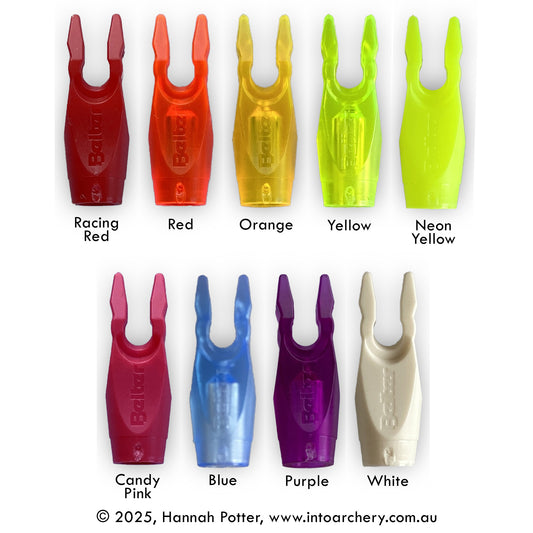 Photo of nine Beiter Pin Nocks size 1 in the colours we stock at INTO Archery.