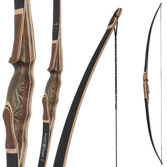 Photo of four different views of the Black Hawk longbow made by Buck Trail.