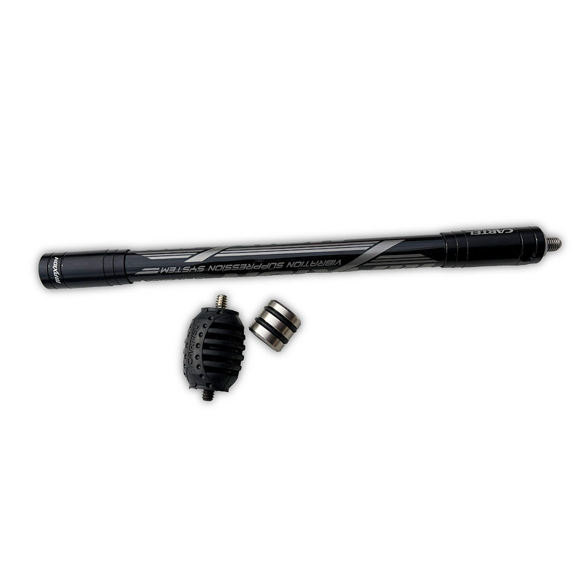 Photo of the component parts of a Cartel Maxion Stabiliser including the rod, flex ball and weight cap all on a white background.