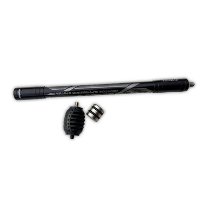 Photo of the component parts of a Cartel Maxion Stabiliser including the rod, flex ball and weight cap all on a white background.