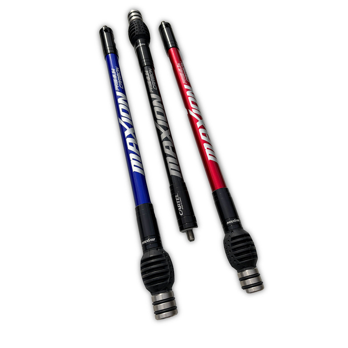 Perspective photo of three Cartel Maxion Stabiliser rods on a white background.