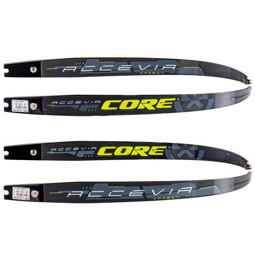 Photo of two sets of Core Accevia ILF recurve limbs on a white background. 