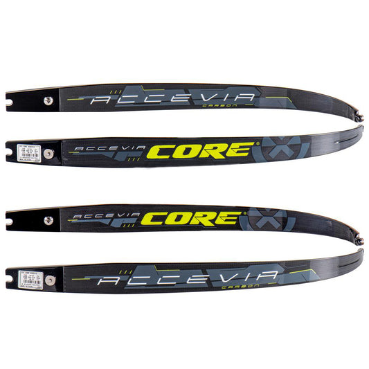 Photo of two sets of Core Accevia ILF recurve limbs on a white background. 
