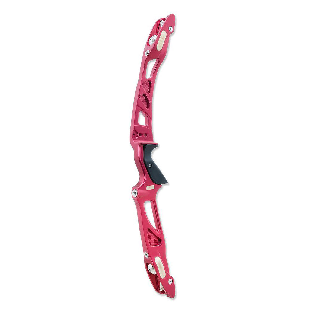 Photo of a Decut Honor recurve riser that is coloured red.