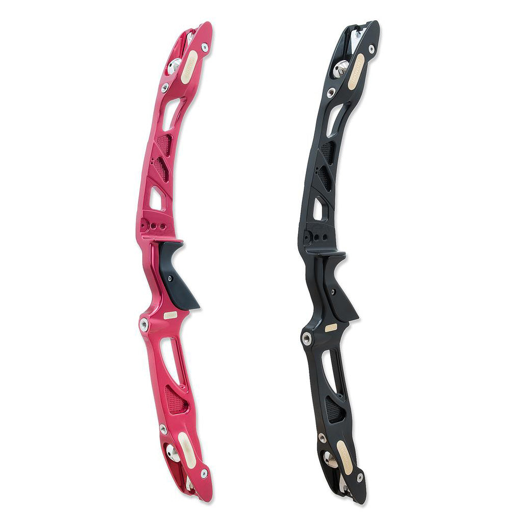 Photo of two Decut Honor recurve risers.  One is red and one is black.