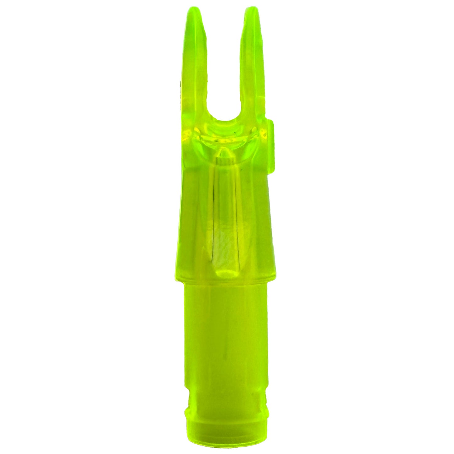 Photo of lemon-lime (yellow) Easton 3D Super Nocks for archery in plastic on a white background.