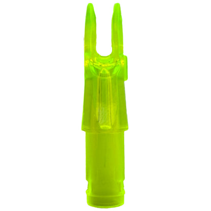 Photo of lemon-lime (yellow) Easton 3D Super Nocks for archery in plastic on a white background.