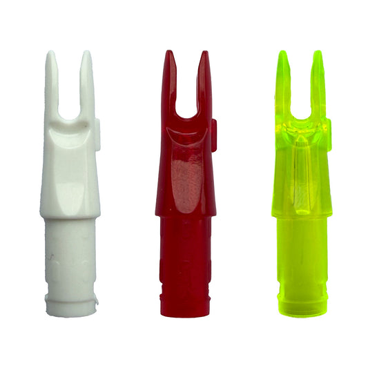 Photo of three Easton 3D Super Nocks for archery in plastic in white, red, and green on a white background