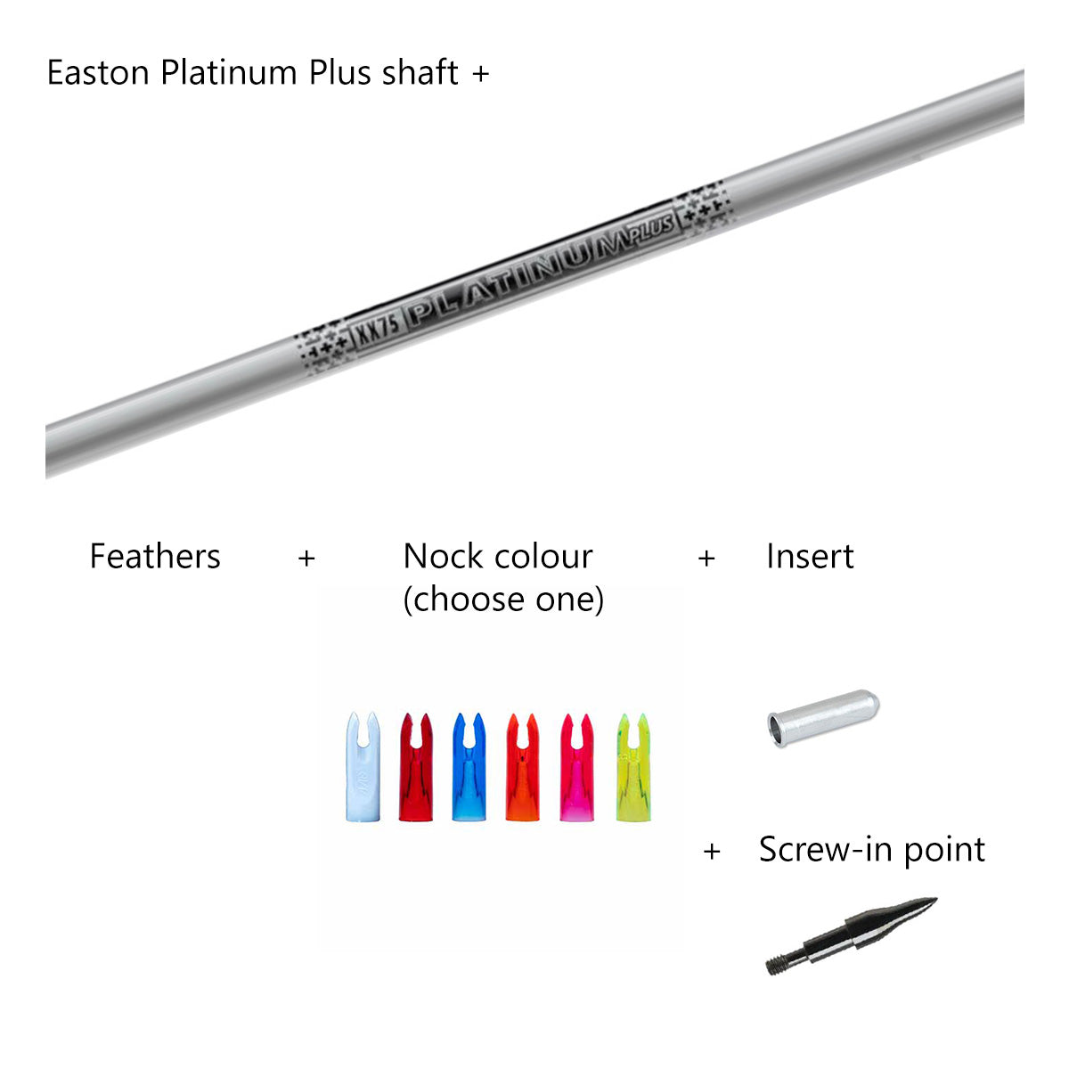 Photo of components for custom-made Easton Platinum Plus aluminium arrows.