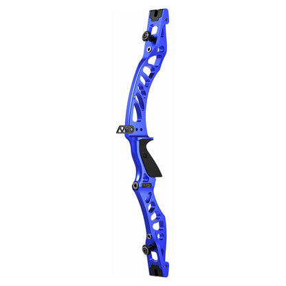 Photo of blue Hoyt RCRV Comp recurve Riser on a white background.