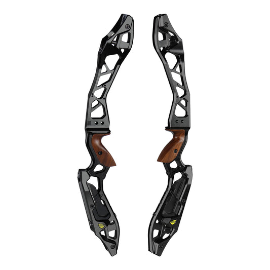 Photo of two Kinetic Elezo barebow risers on a white background.
