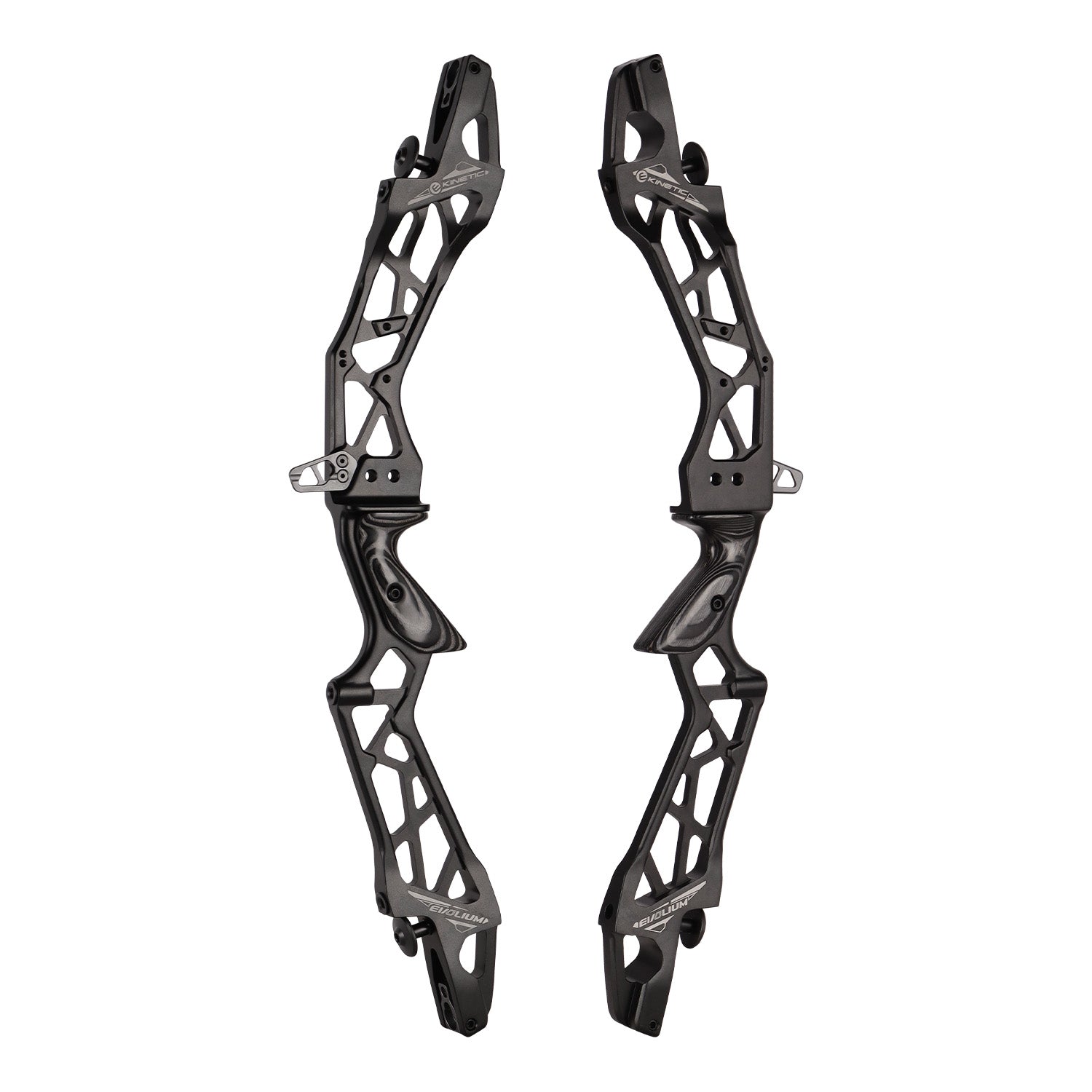 Photo of two black Kinetic Evolium recurve risers on a white background.