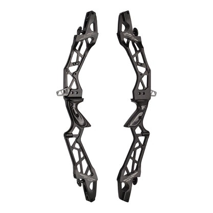 Photo of two black Kinetic Evolium recurve risers on a white background.