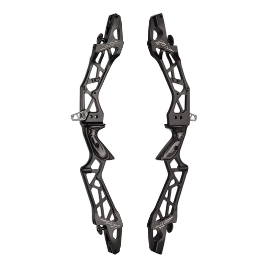 Photo of two black Kinetic Evolium recurve risers on a white background.
