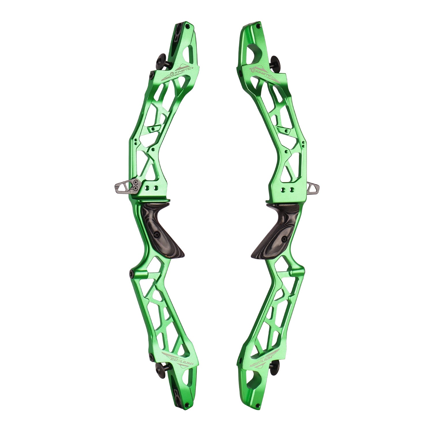 Photo of two green Kinetic Evolium recurve risers on a white background.