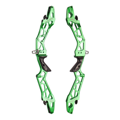 Photo of two green Kinetic Evolium recurve risers on a white background.