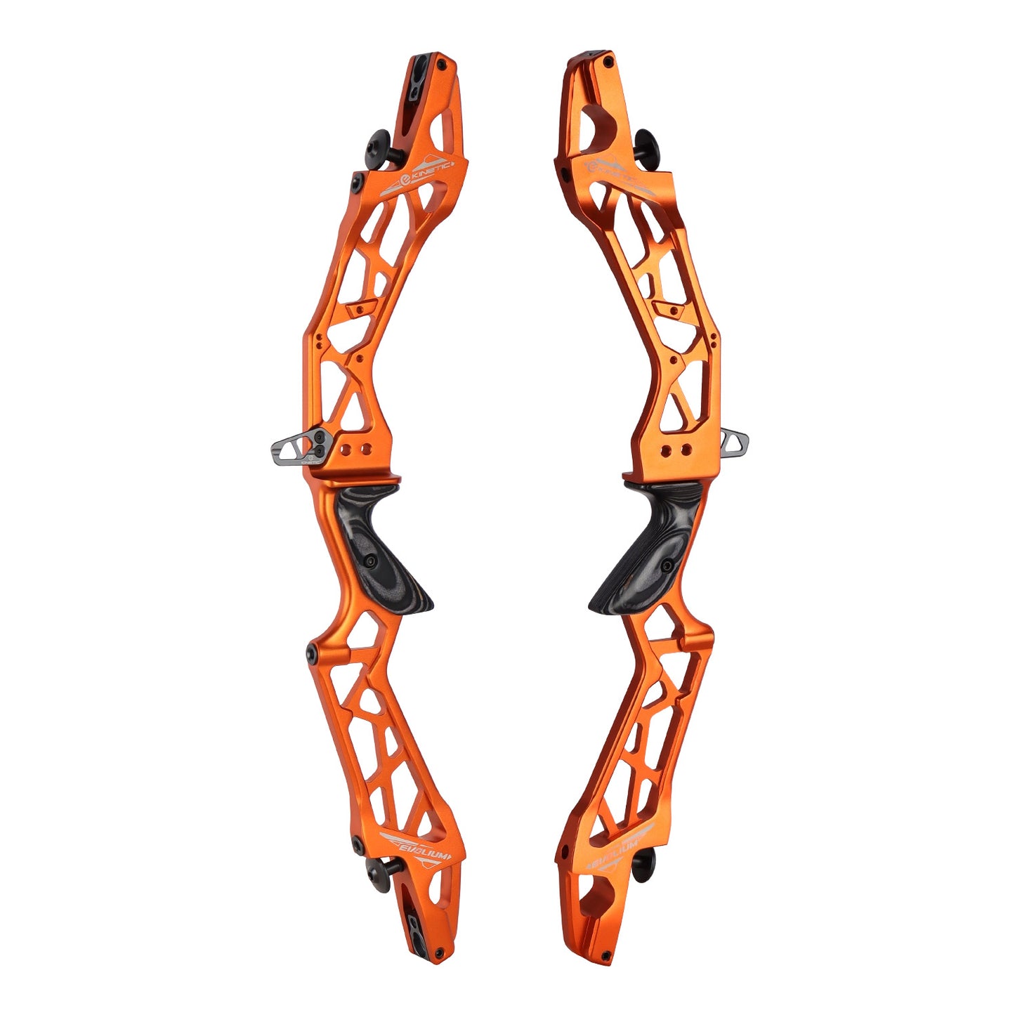 Photo of two orange Kinetic Evolium ILF Risers on a white background.