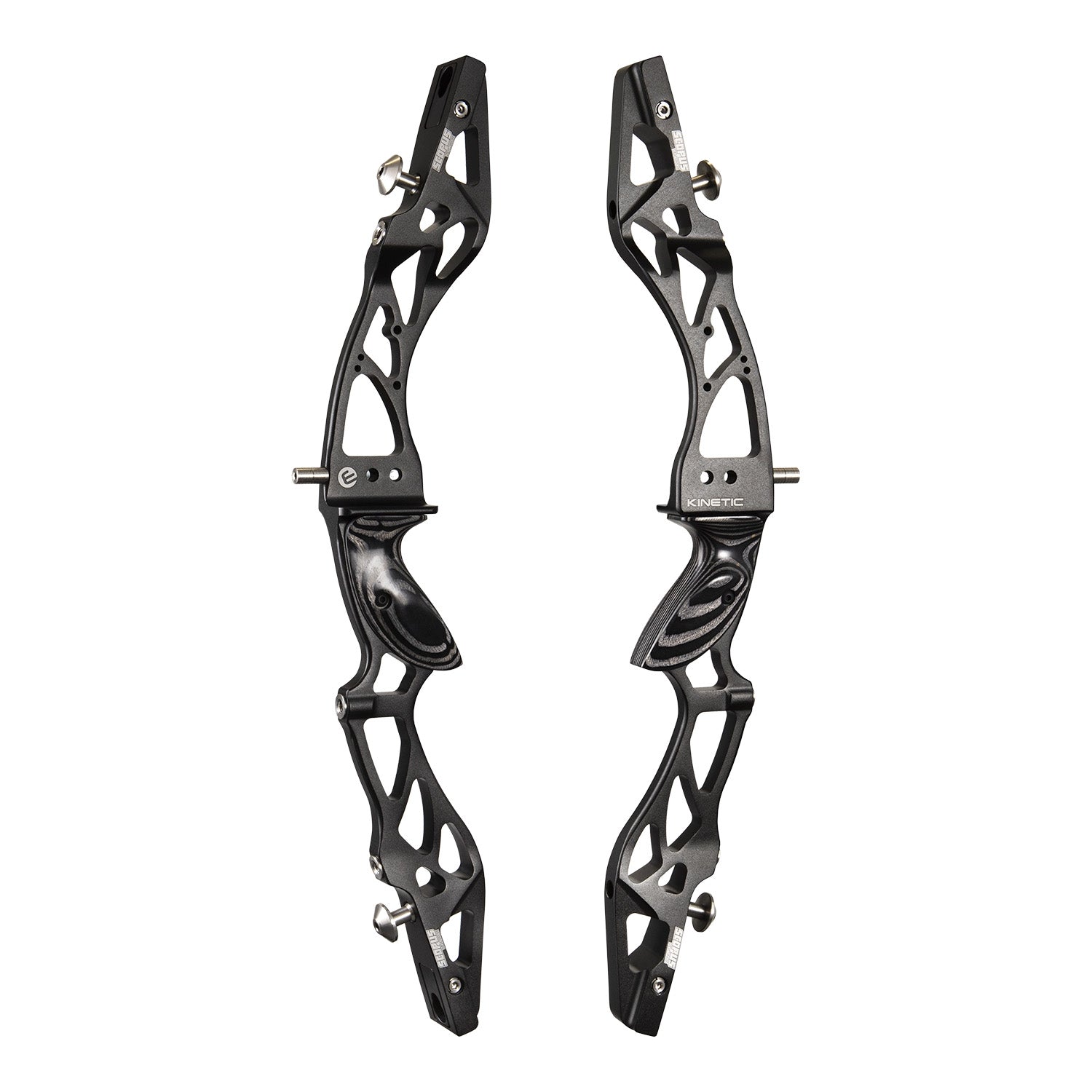 Photo of left and right hand side of the black Kinetic Scopus riser for barebow or reurve archery on a white background.
