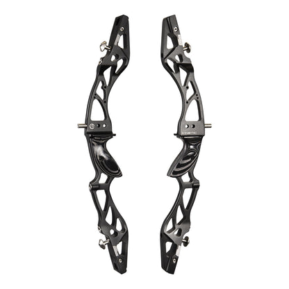 Photo of left and right hand side of the black Kinetic Scopus riser for barebow or reurve archery on a white background.
