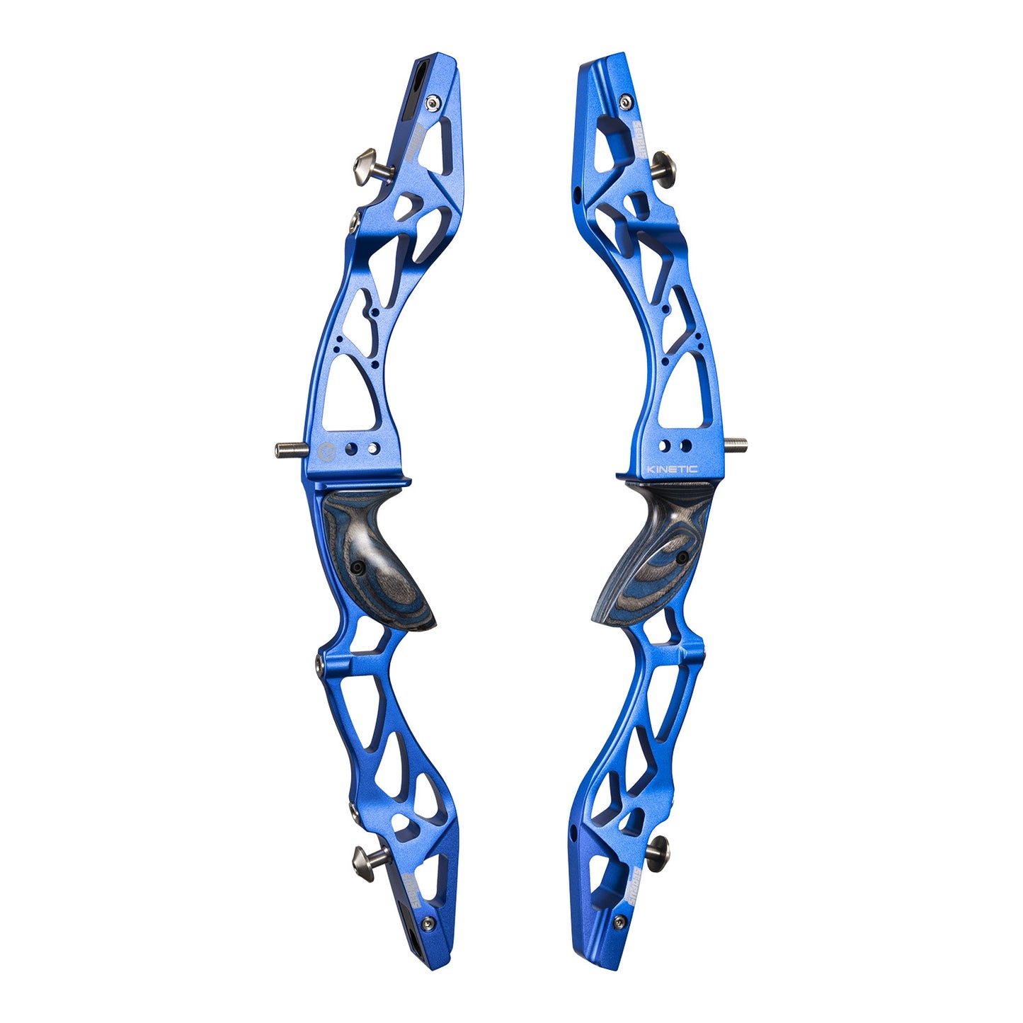 Photo of left and right hand side of the blue Kinetic Scopus riser for barebow or reurve archery on a white background.