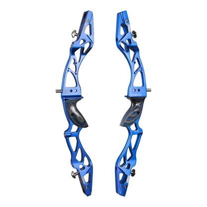 Photo of left and right hand side of the blue Kinetic Scopus riser for barebow or reurve archery on a white background.