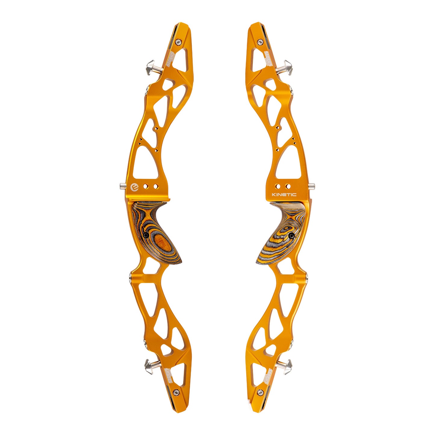 Photo of left and right hand side of the gold/copper Kinetic Scopus riser for barebow or reurve archery on a white background.