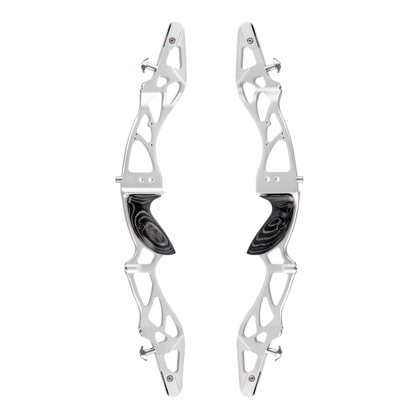 Photo of left and right hand side of the silver Kinetic Scopus riser for barebow or reurve archery on a white background.