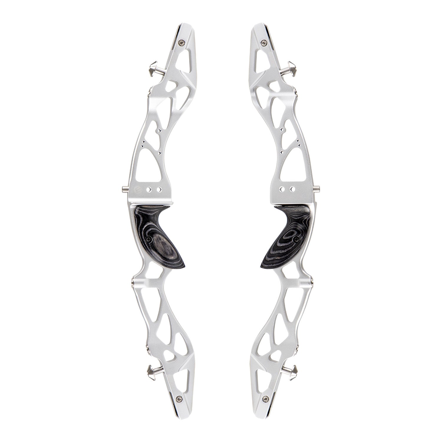 Photo of left and right hand side of the silver Kinetic Scopus riser for barebow or reurve archery on a white background.