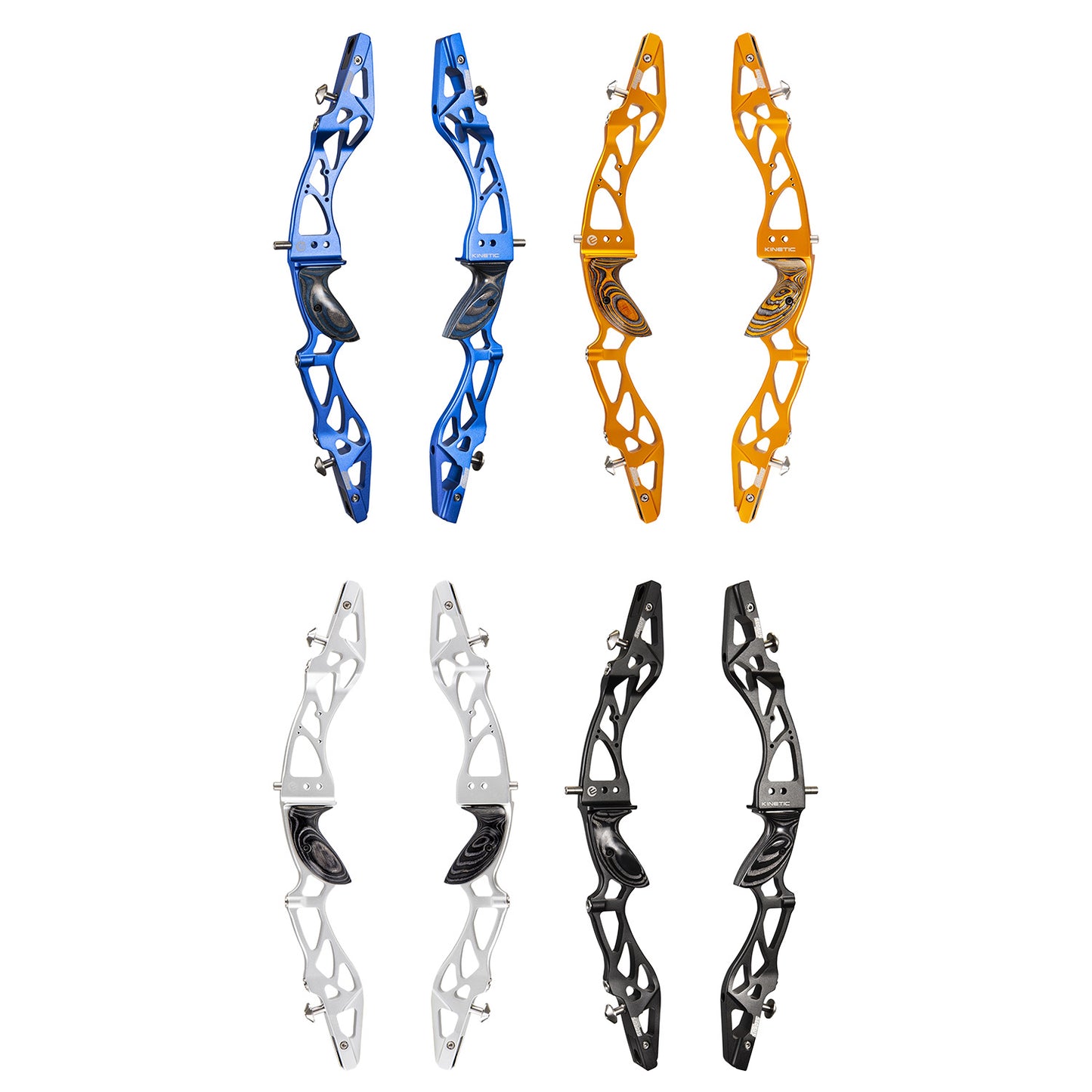 Photo of 8 different coloured Kinetic Scopus Risers for archery.