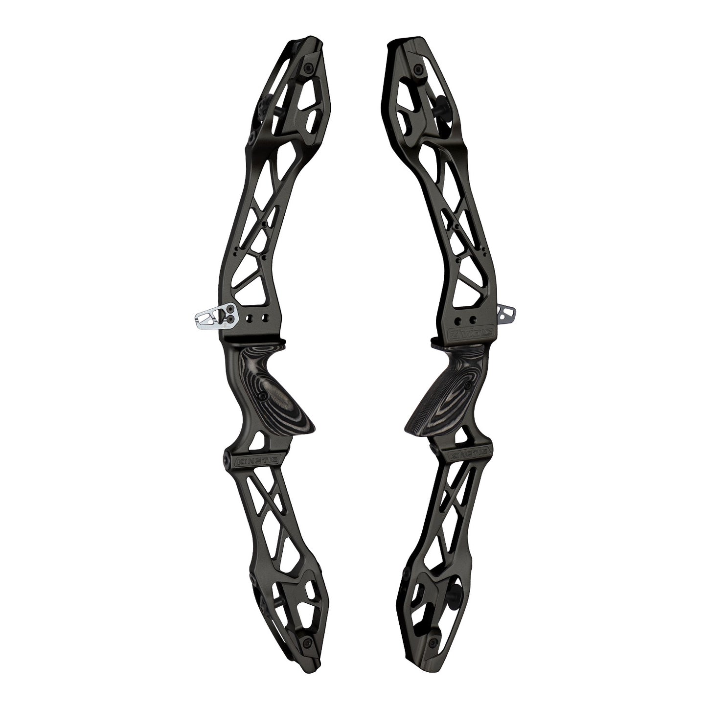 Photo of two black Kinetic Zivio V2 recurve risers on a white background.
