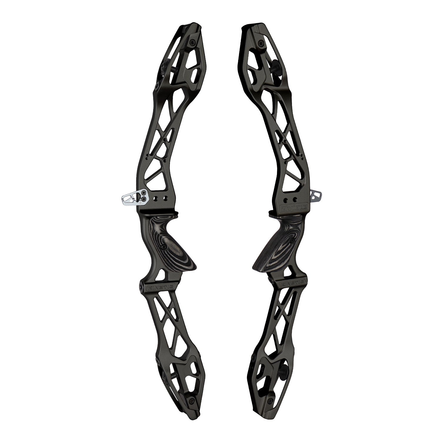 Photo of two black Kinetic Zivio V2 recurve risers on a white background.