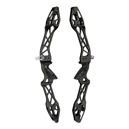 Photo of two black Kinetic Zivio V2 recurve risers on a white background.