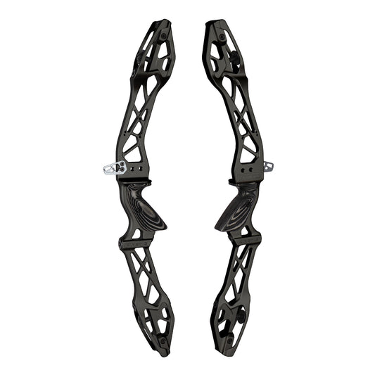 Photo of two black Kinetic Zivio V2 recurve risers on a white background.